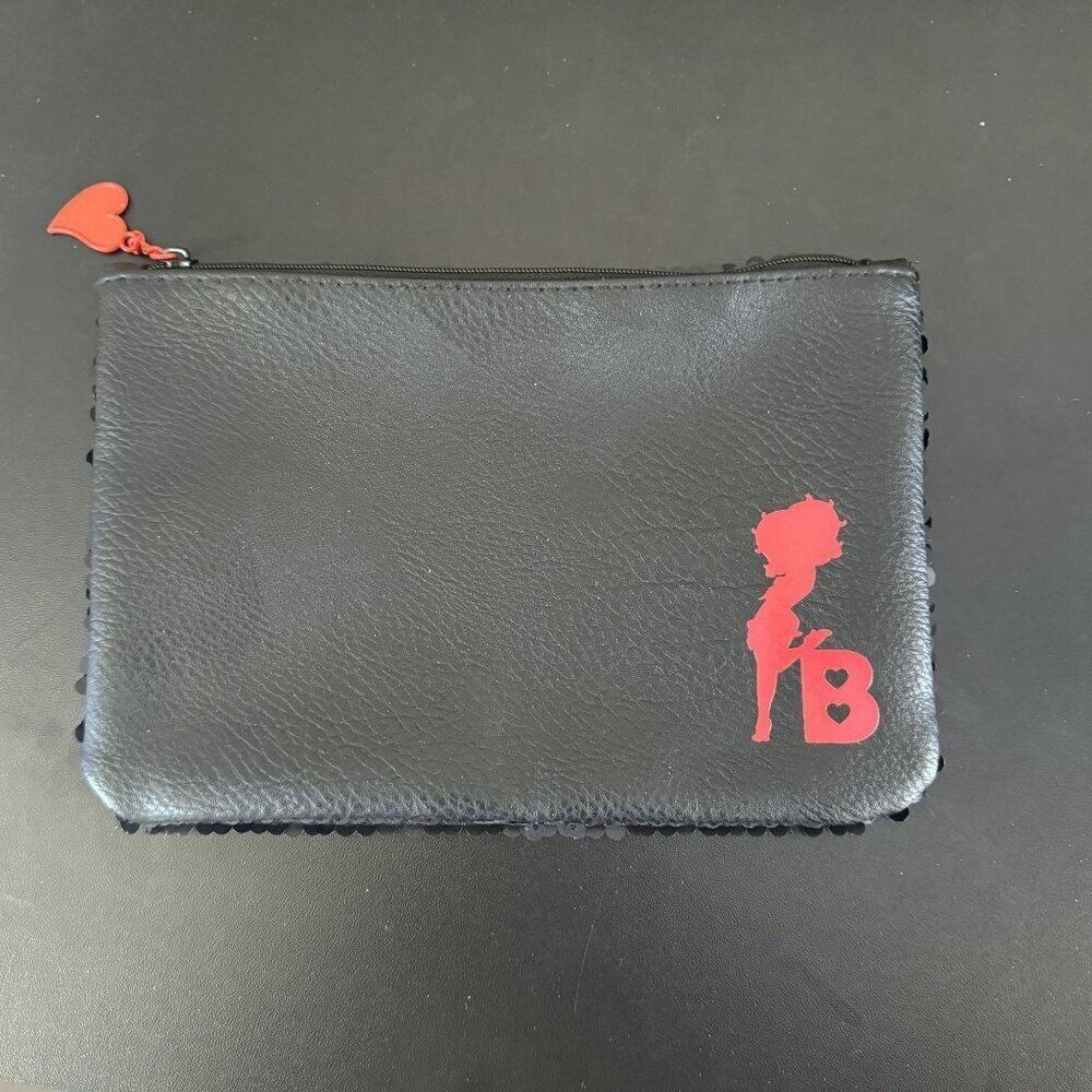 Betty Boop x Ipsy‎ Black Makeup Pouch With Sequins & Red Heart Zipper Pull